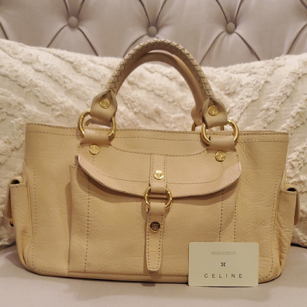 CELINE Beige Leather Satchel with Gold Accents